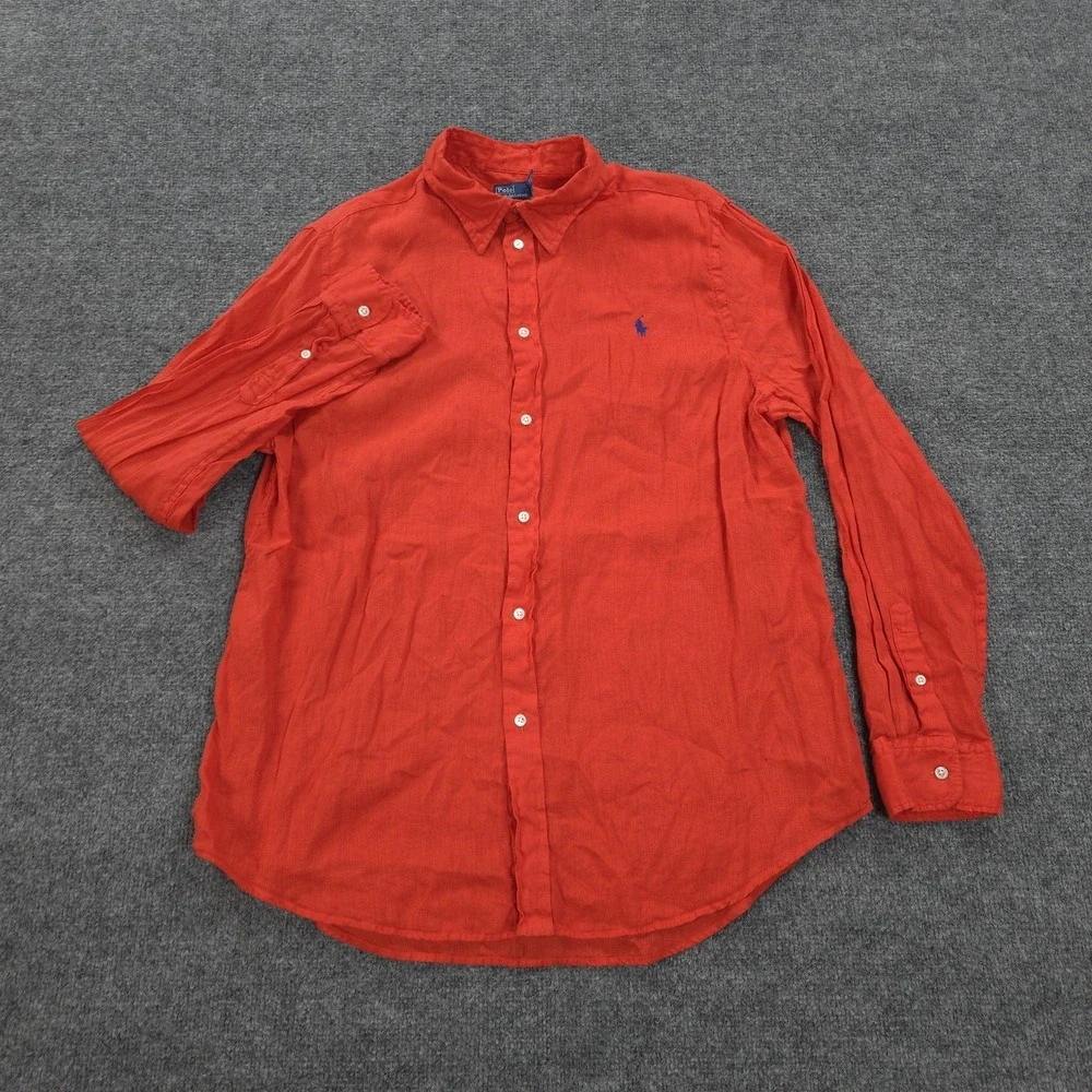 Vintage Polo Ralph Lauren Shirt Mens Large Red Linen Pony Logo Classic Fit